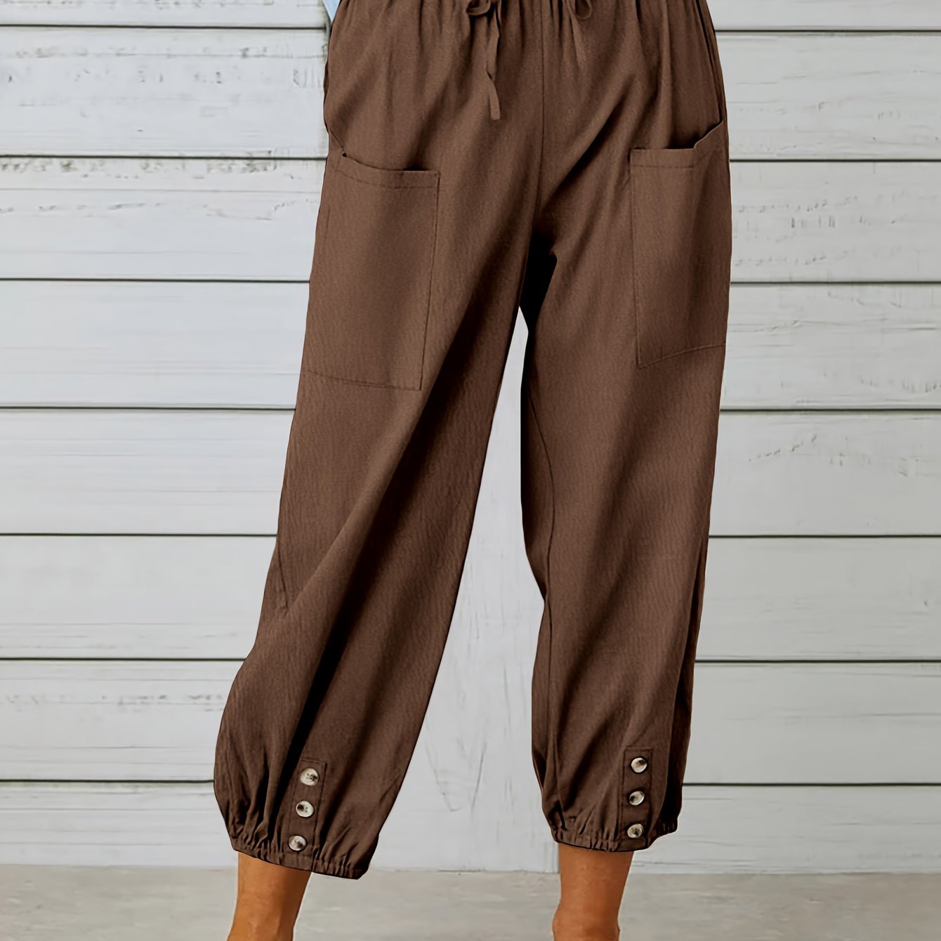 Button Cuff Patch Pocket Drawstring Capri Linen Pant