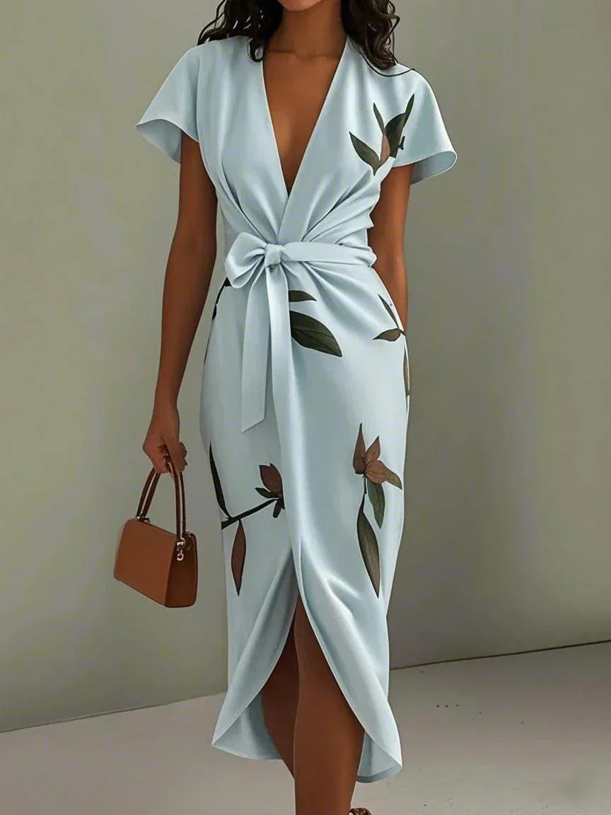 Botanical Print Flutter Sleeve Deep V Bow Tie Wrap Midi Dress
