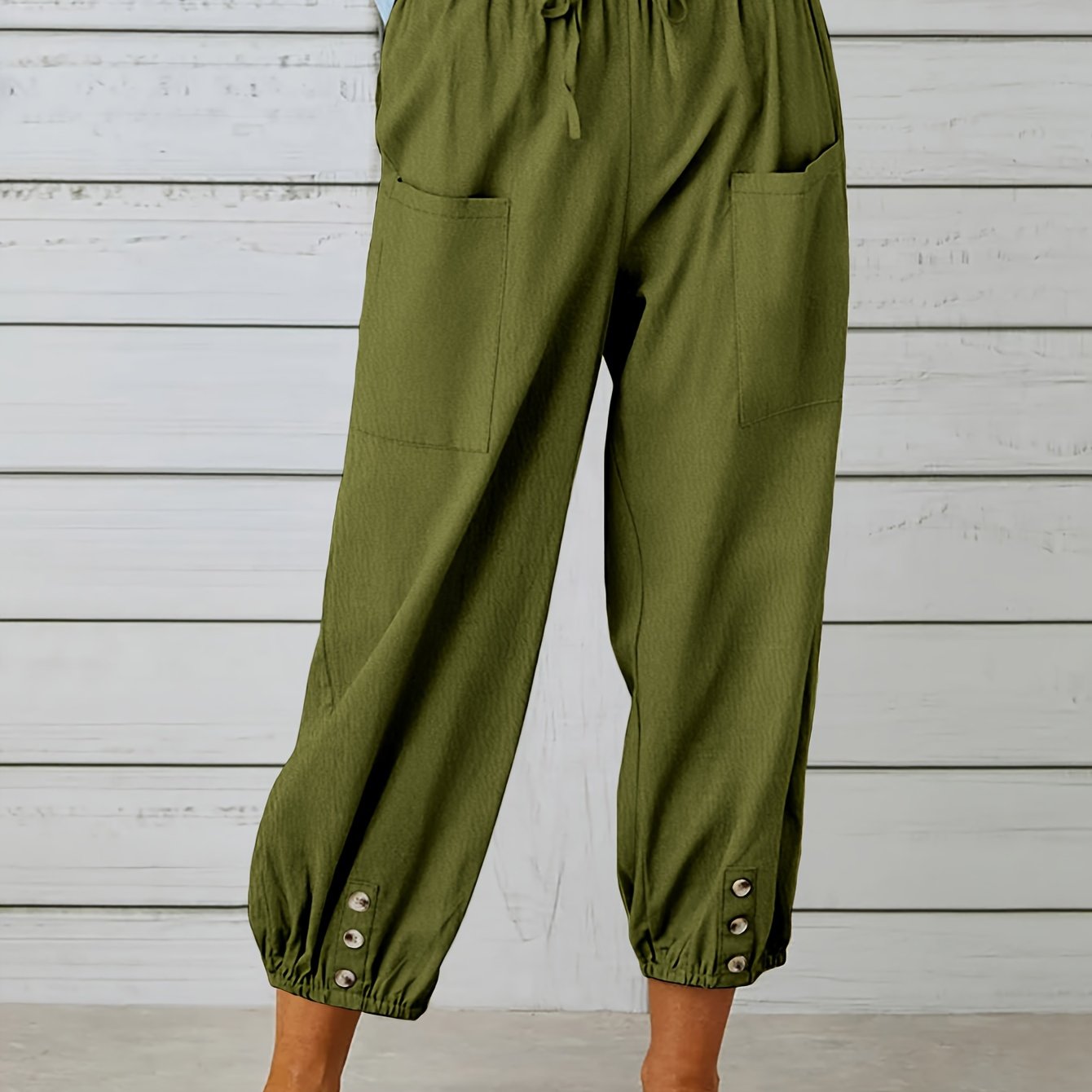 Button Cuff Patch Pocket Drawstring Capri Linen Pant