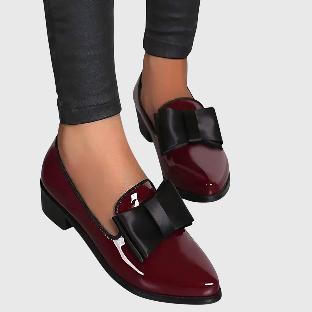 Patent Leather Contrast Bow Detail Pointed Toe Slip On Loafer