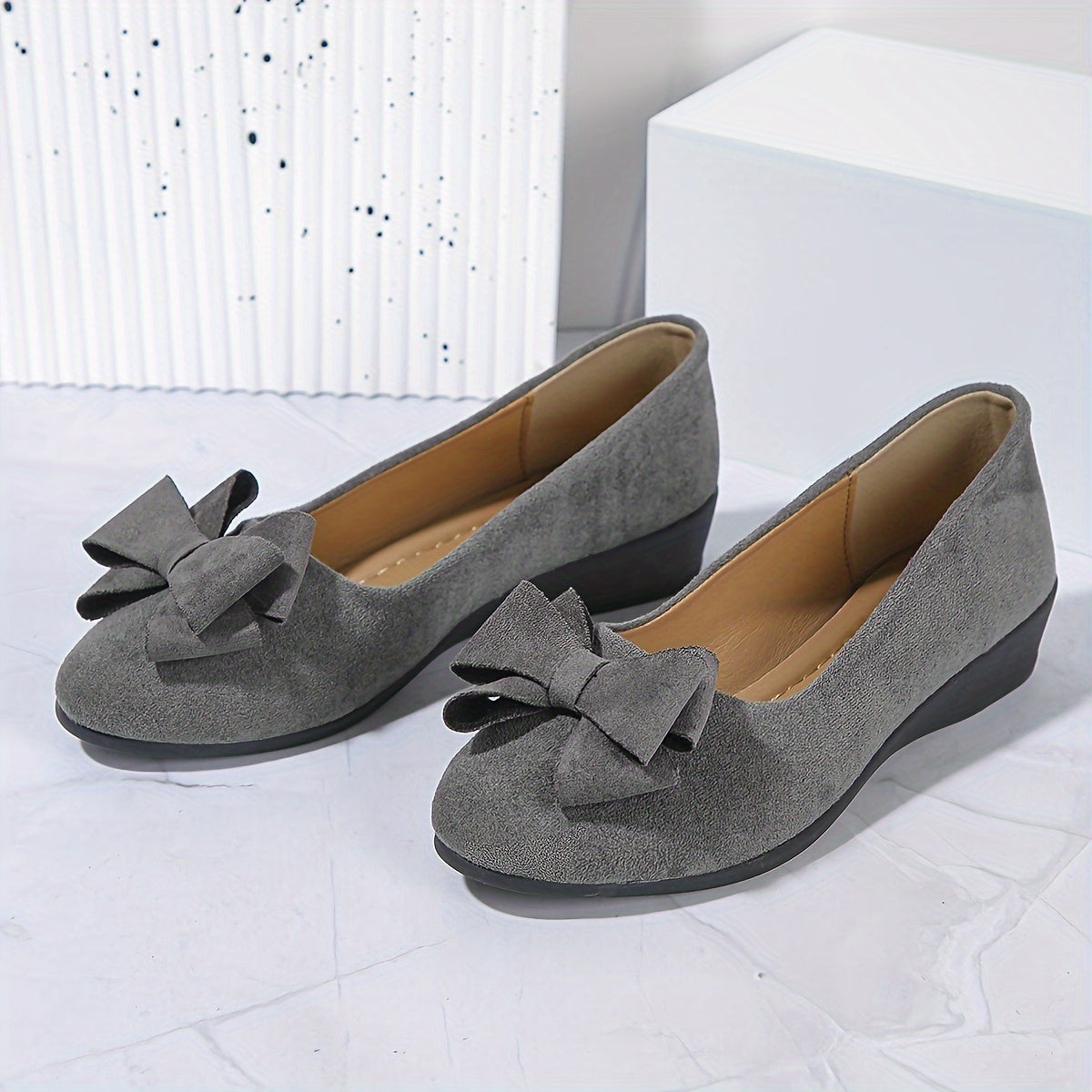 Suede Bow Detail Round Toe Slip On Wedge Ballet Flats