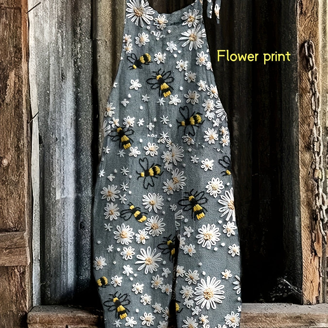 Daisy Bee Print Tie Shoulder Strap Pocket Casual Jumpsuit