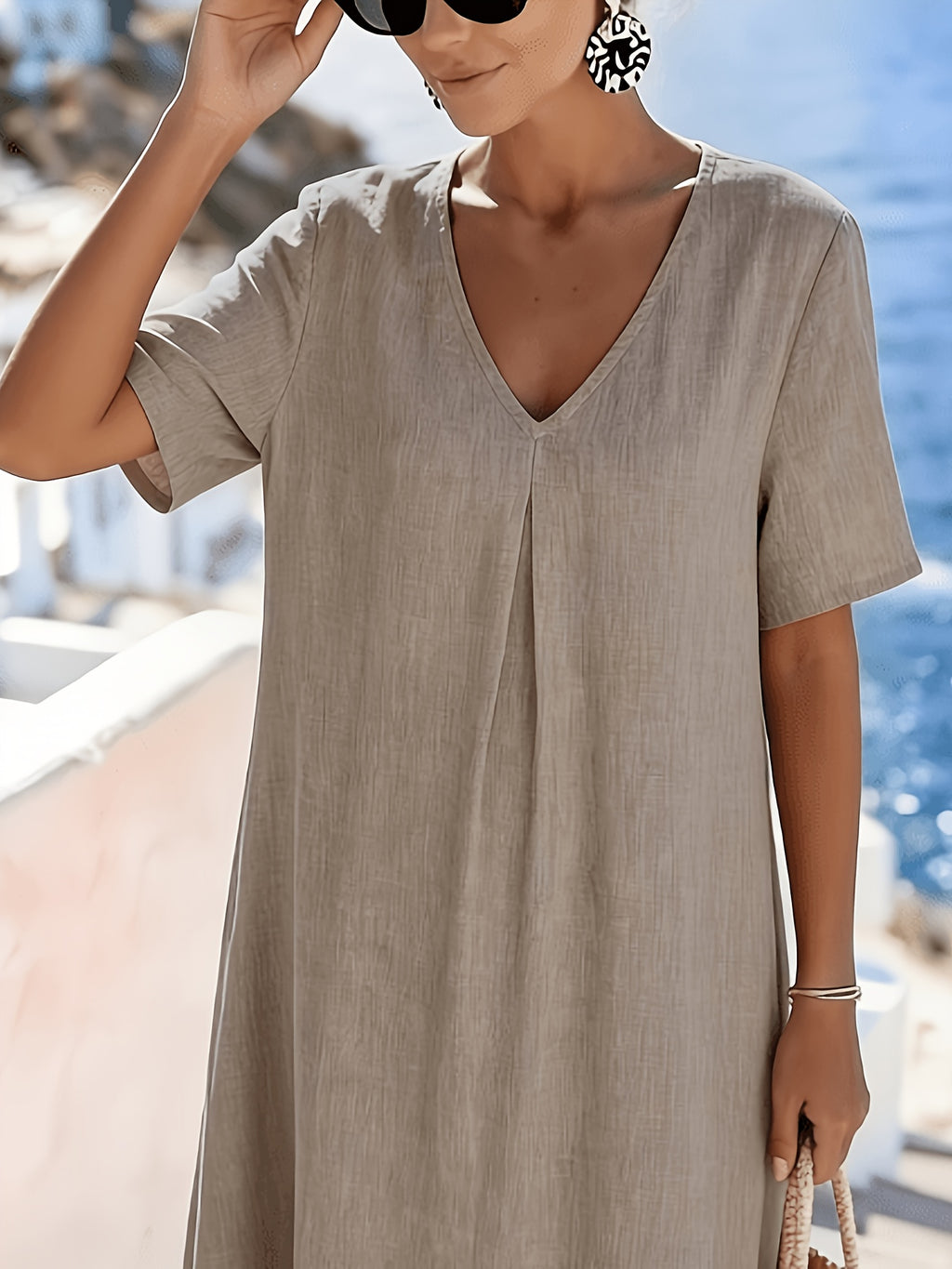 V Neck Pleat Detail Short Sleeve Relaxed Casual Linen Maxi Summer Dress