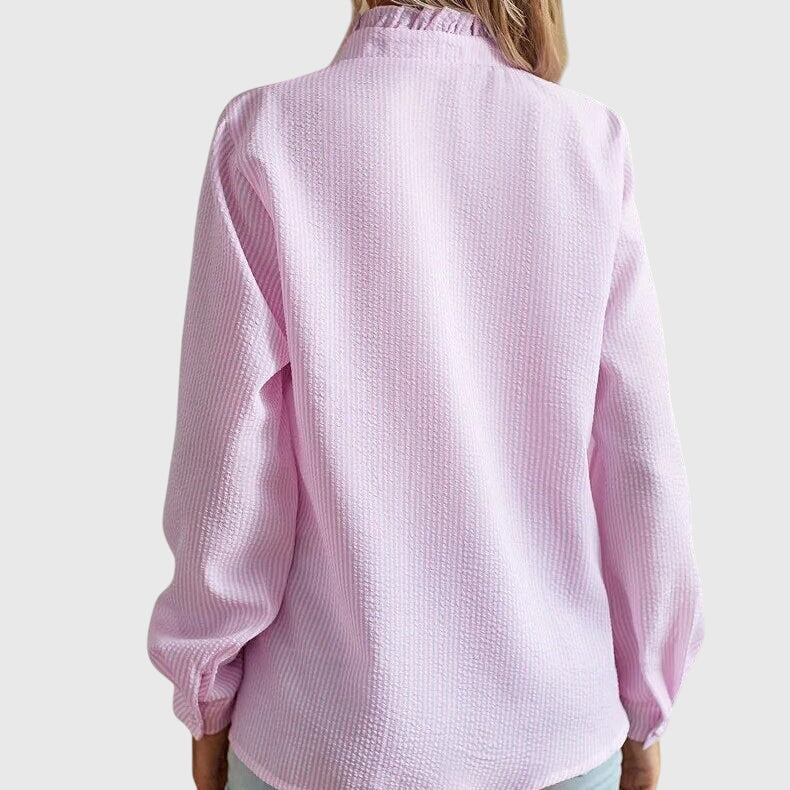 Ruffle Trim Button Down Long Sleeve Textured Blouse