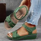 Adjustable Hook Loop Strap Cushioned Casual Wedge Sandals