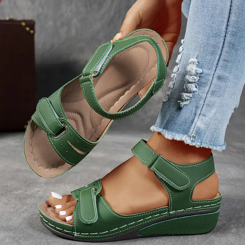Adjustable Hook Loop Strap Cushioned Casual Wedge Sandals