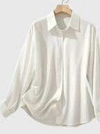 Concealed Placket Collared Long Sleeve Satin Shirt Blouse