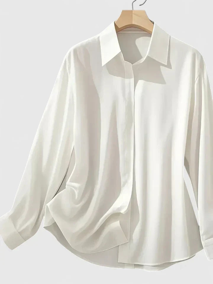 Concealed Placket Collared Long Sleeve Satin Shirt Blouse