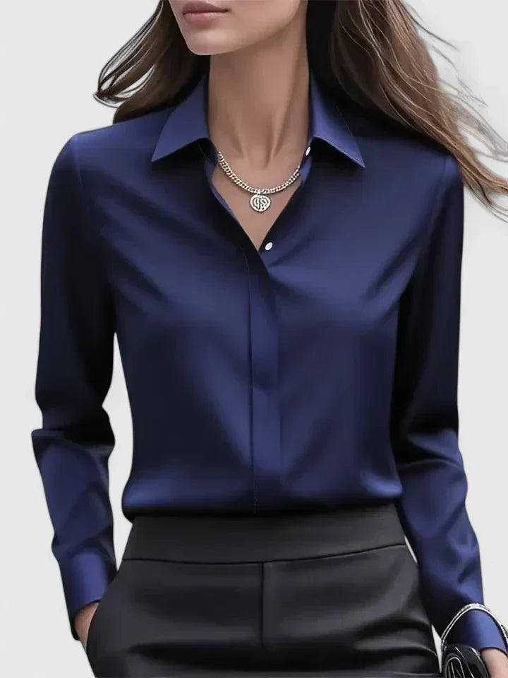 Concealed Placket Collared Long Sleeve Satin Shirt Blouse