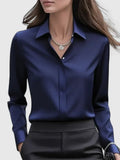 Concealed Placket Collared Long Sleeve Satin Shirt Blouse