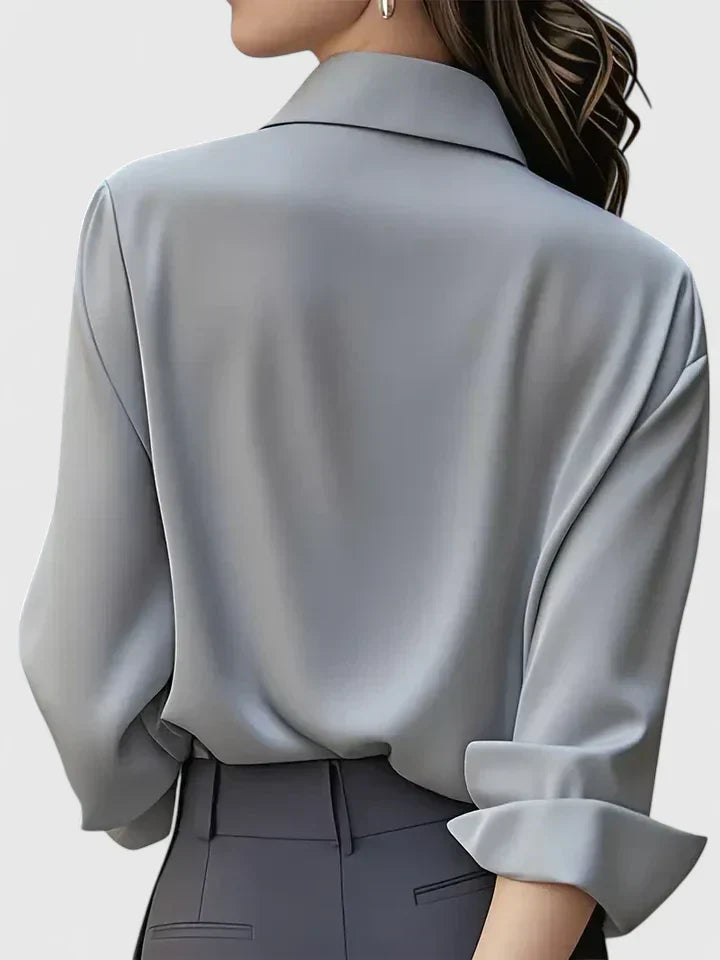 Concealed Placket Collared Long Sleeve Satin Shirt Blouse