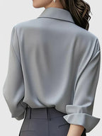 Concealed Placket Collared Long Sleeve Satin Shirt Blouse