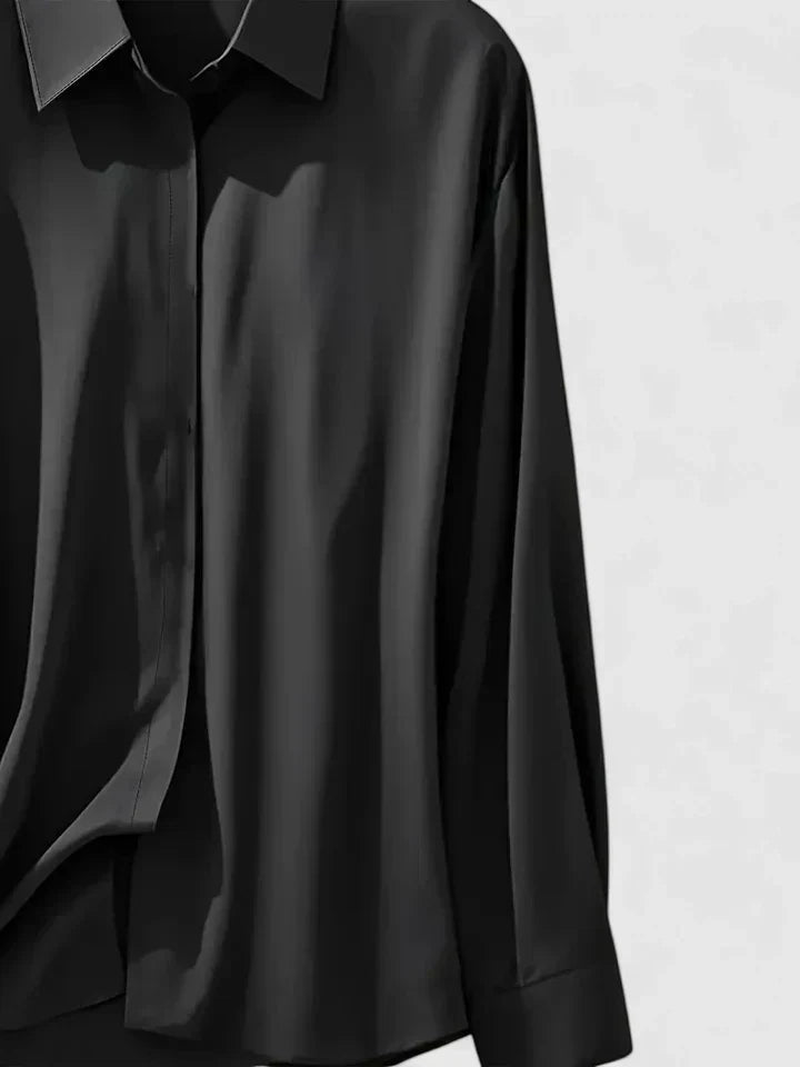 Concealed Placket Collared Long Sleeve Satin Shirt Blouse