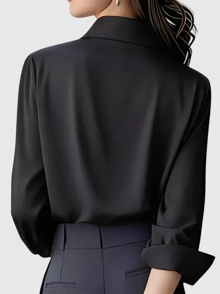 Concealed Placket Collared Long Sleeve Satin Shirt Blouse