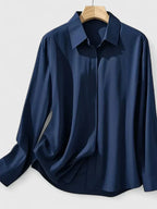 Concealed Placket Collared Long Sleeve Satin Shirt Blouse