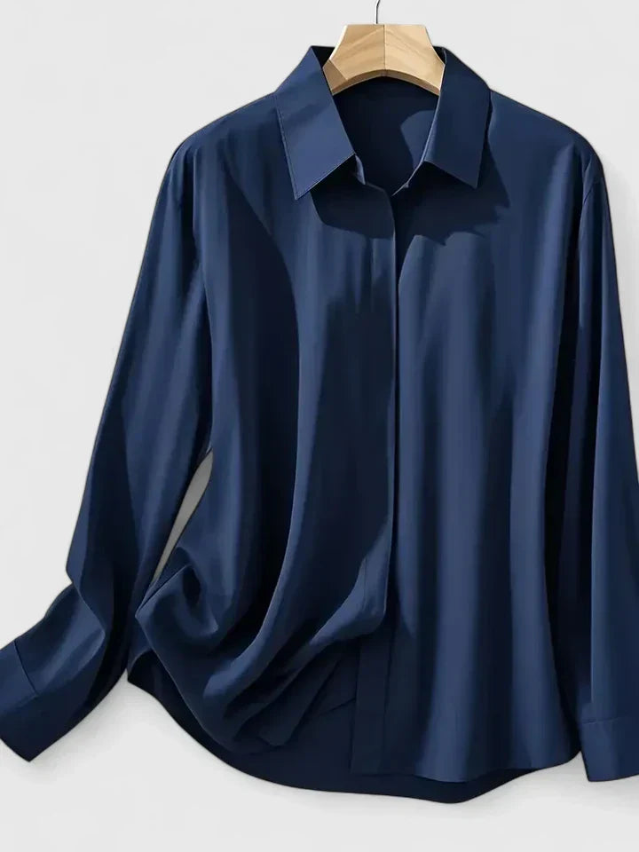 Concealed Placket Collared Long Sleeve Satin Shirt Blouse