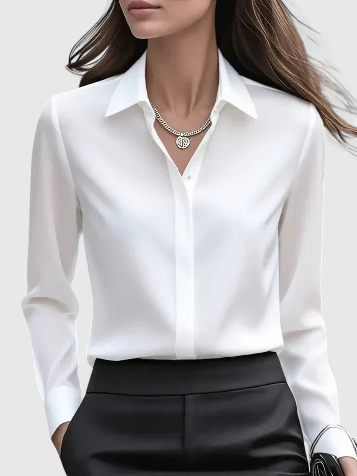Concealed Placket Collared Long Sleeve Satin Shirt Blouse