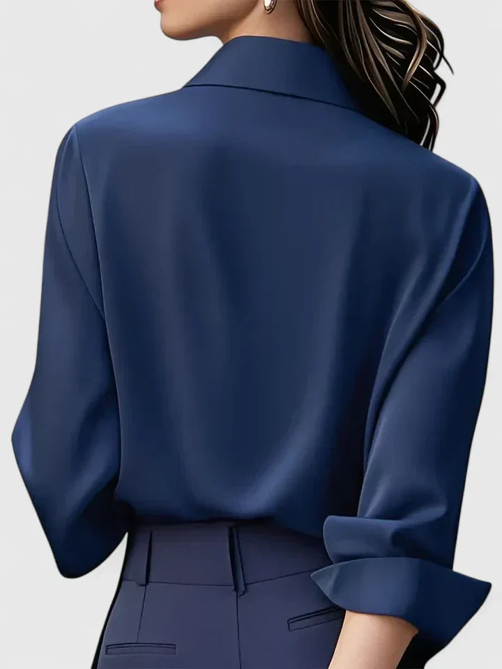 Concealed Placket Collared Long Sleeve Satin Shirt Blouse