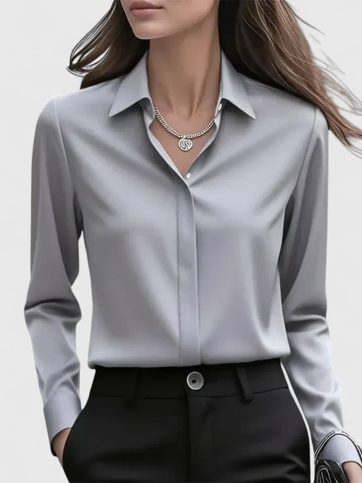 Concealed Placket Collared Long Sleeve Satin Shirt Blouse
