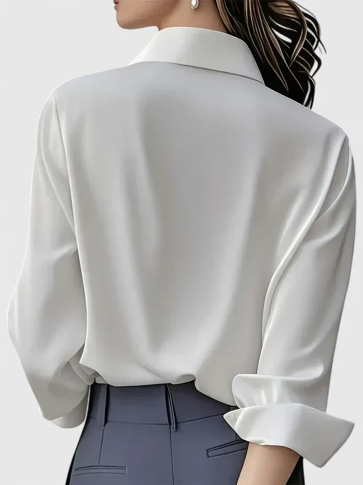 Concealed Placket Collared Long Sleeve Satin Shirt Blouse