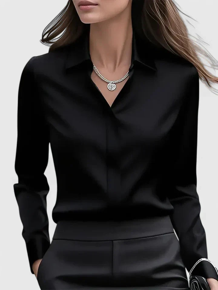 Concealed Placket Collared Long Sleeve Satin Shirt Blouse