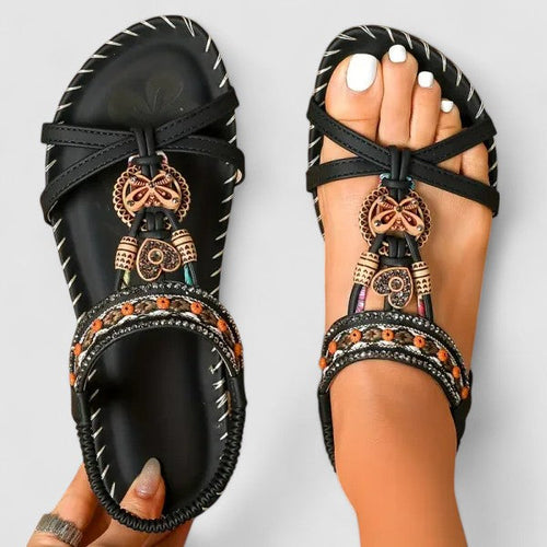 Boho Beaded Rhinestone Elastic Strap Flat Toe Ring Sandal