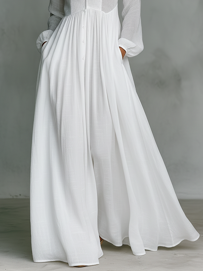 Stand Collar Button Down Pintuck Bodice Flowy Linen Maxi Dress