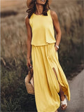 Blouson Bodice Elasticated Waist Pocket Side Slit Flowy Maxi Dress