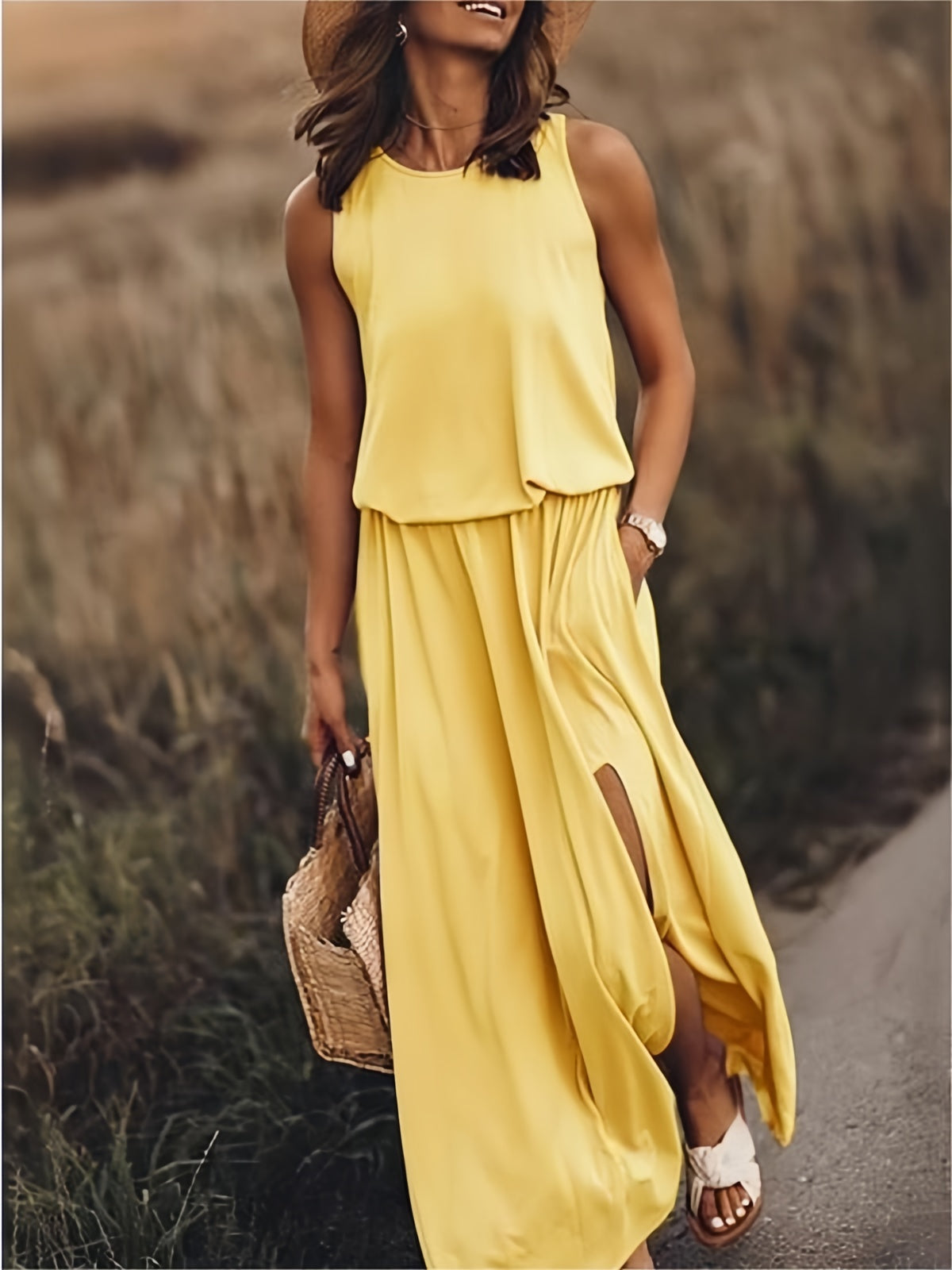 Blouson Bodice Elasticated Waist Pocket Side Slit Flowy Maxi Dress