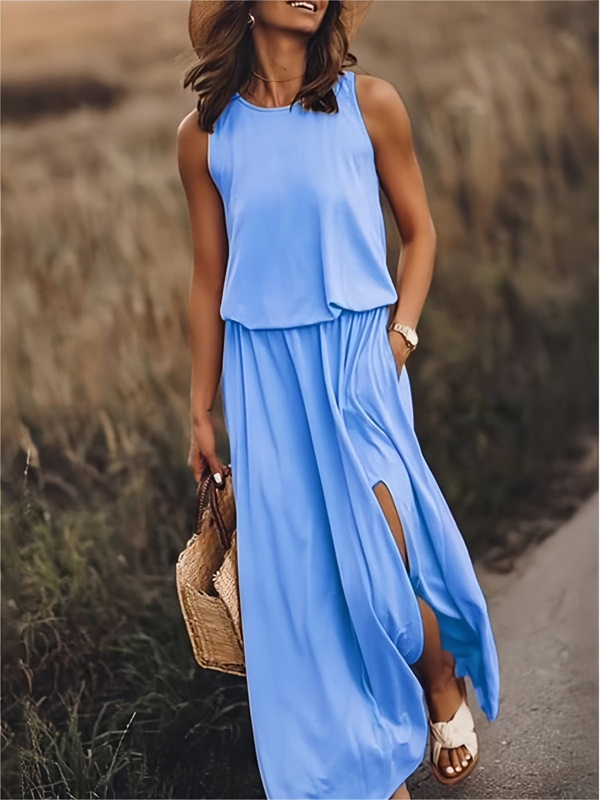 Blouson Bodice Elasticated Waist Pocket Side Slit Flowy Maxi Dress