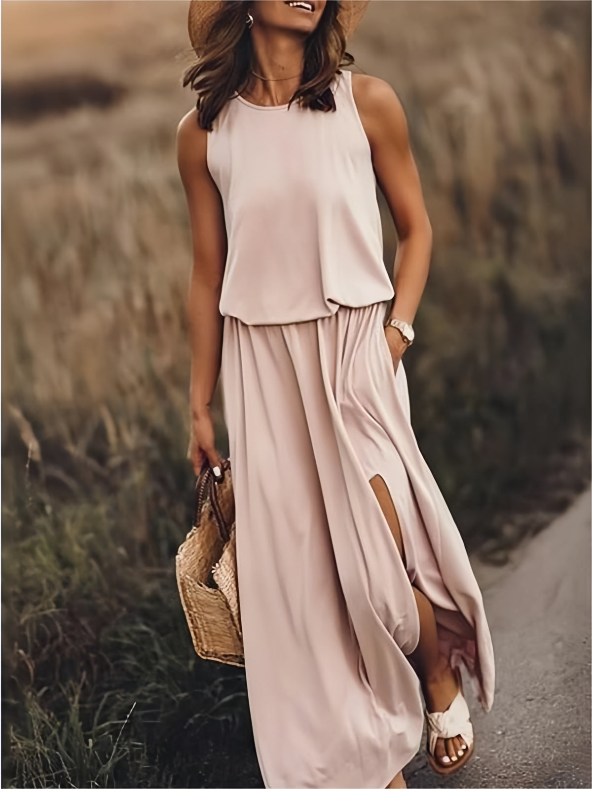 Blouson Bodice Elasticated Waist Pocket Side Slit Flowy Maxi Dress