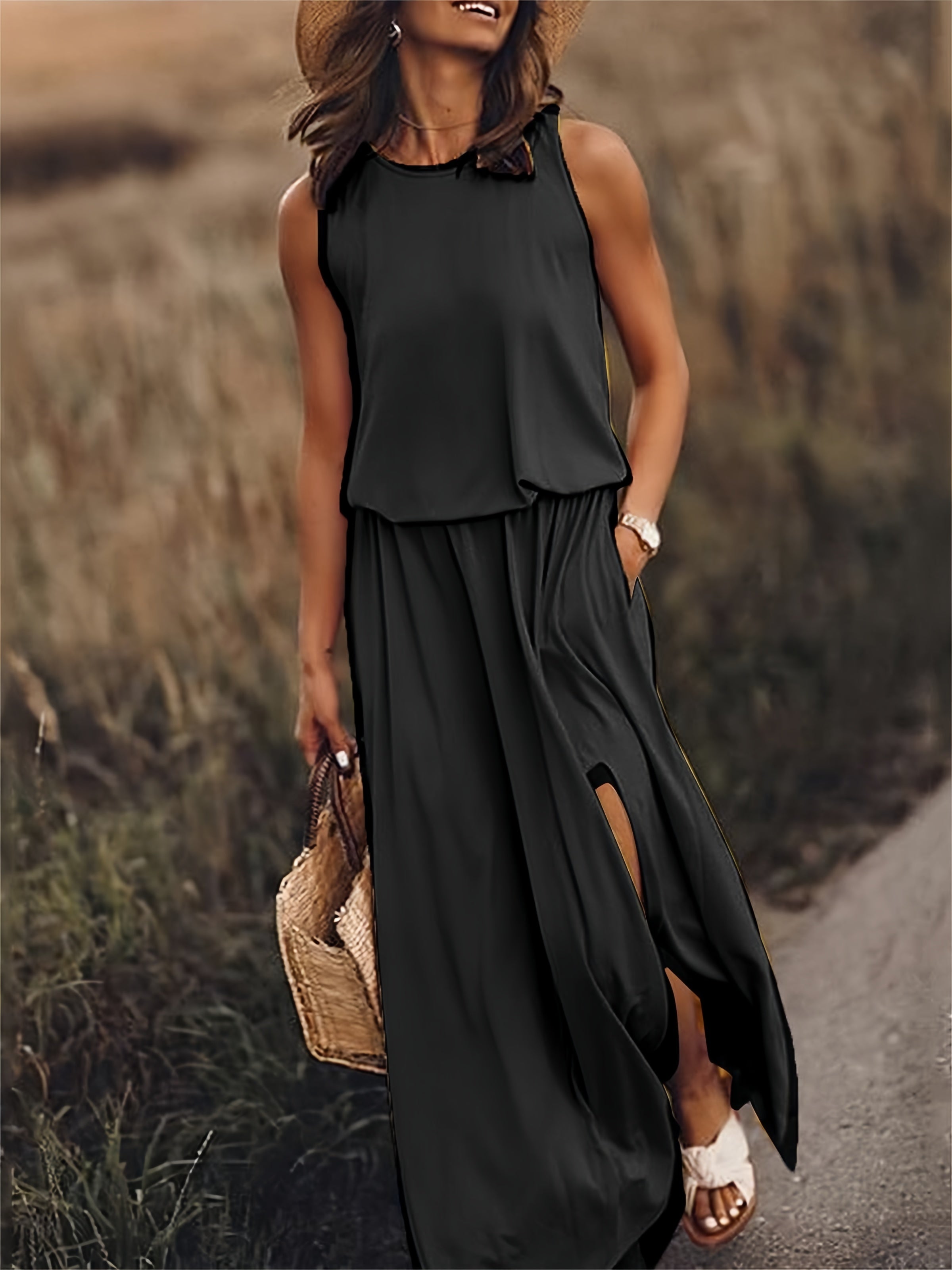 Blouson Bodice Elasticated Waist Pocket Side Slit Flowy Maxi Dress