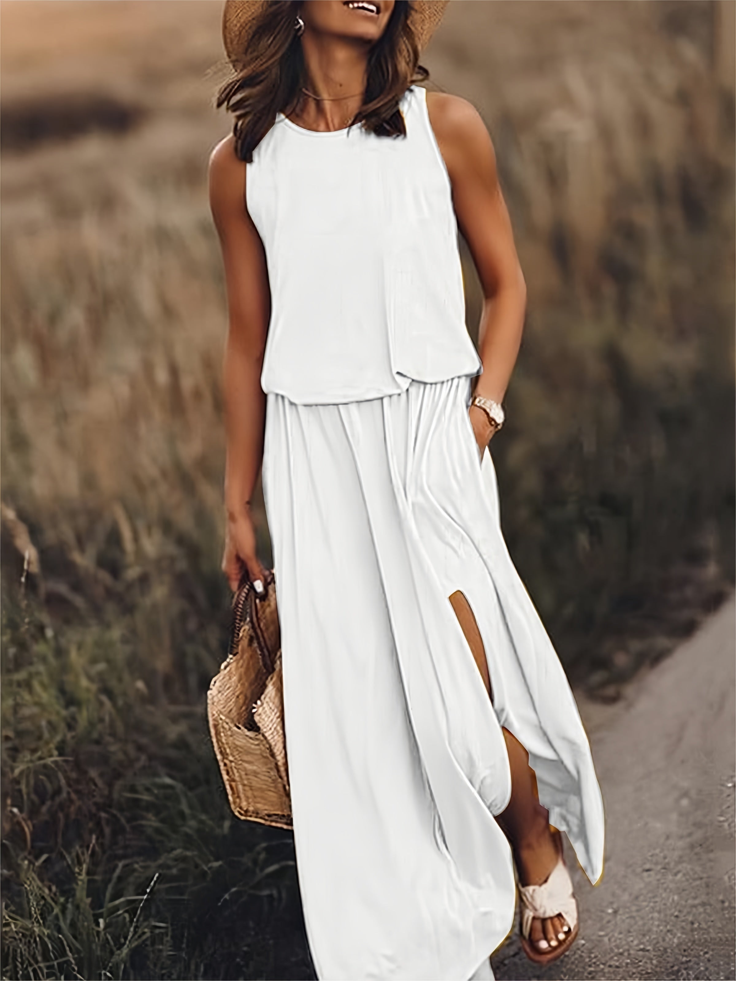 Blouson Bodice Elasticated Waist Pocket Side Slit Flowy Maxi Dress