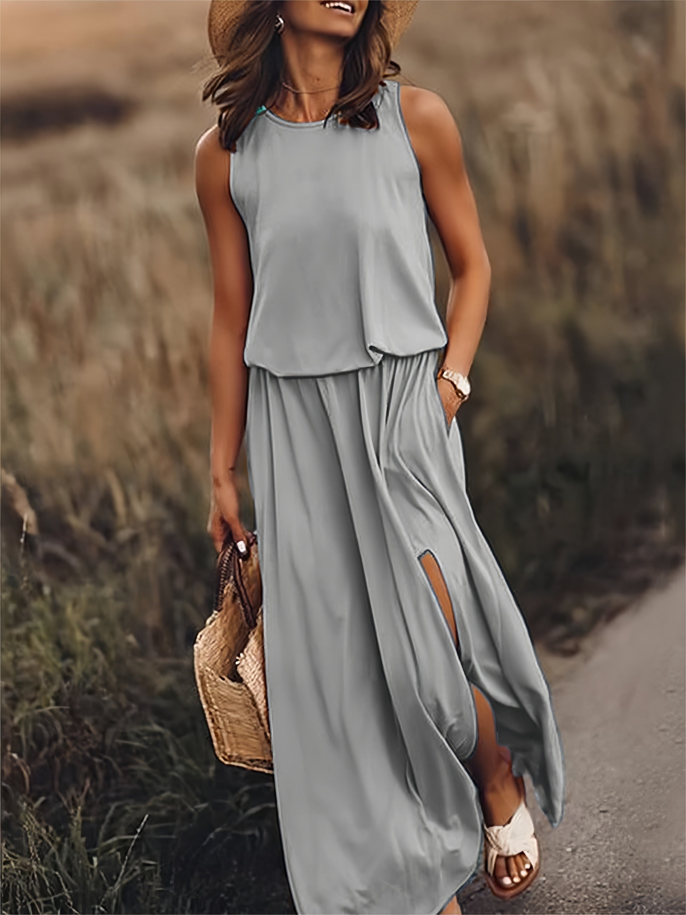 Blouson Bodice Elasticated Waist Pocket Side Slit Flowy Maxi Dress