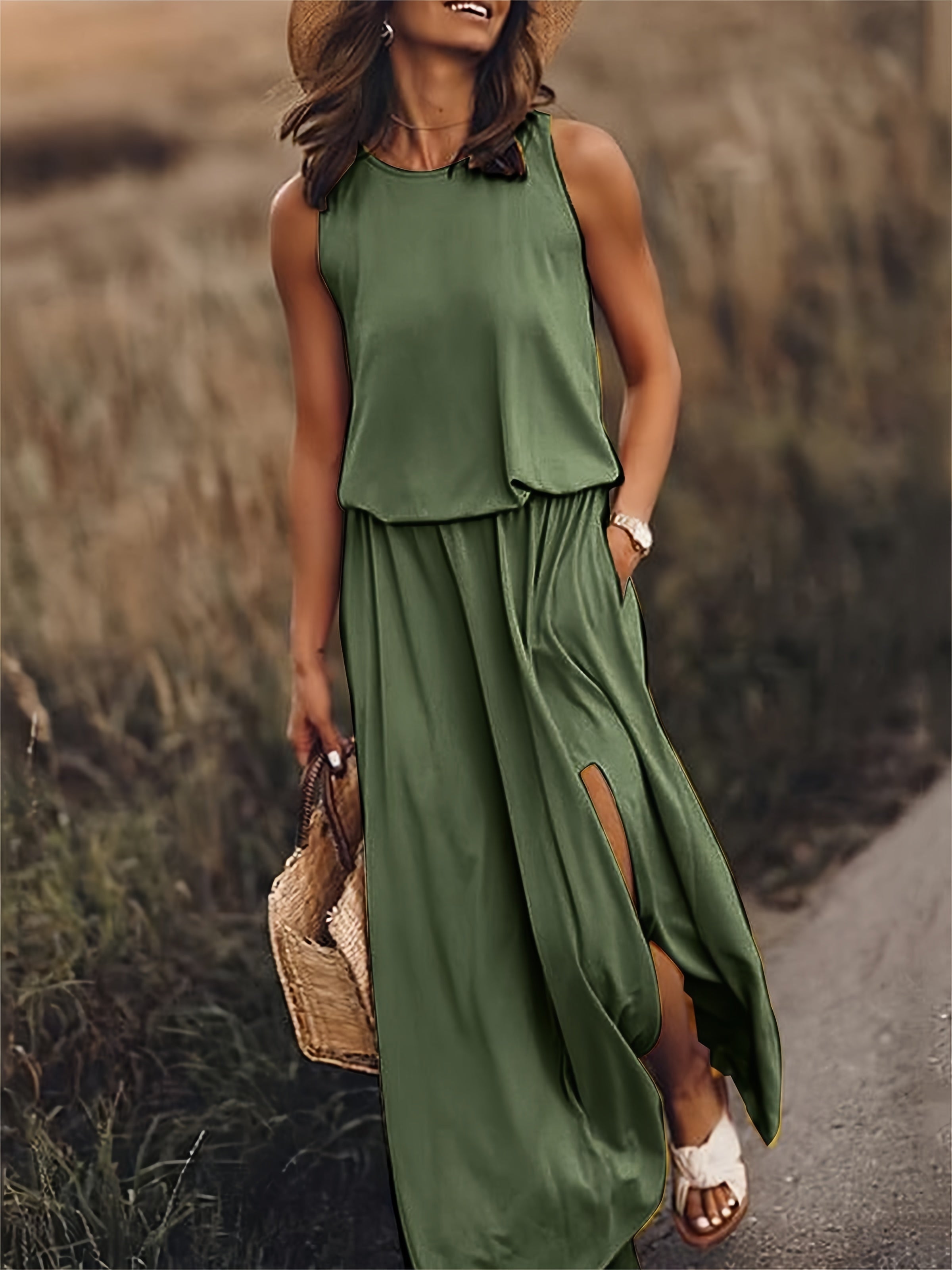 Blouson Bodice Elasticated Waist Pocket Side Slit Flowy Maxi Dress