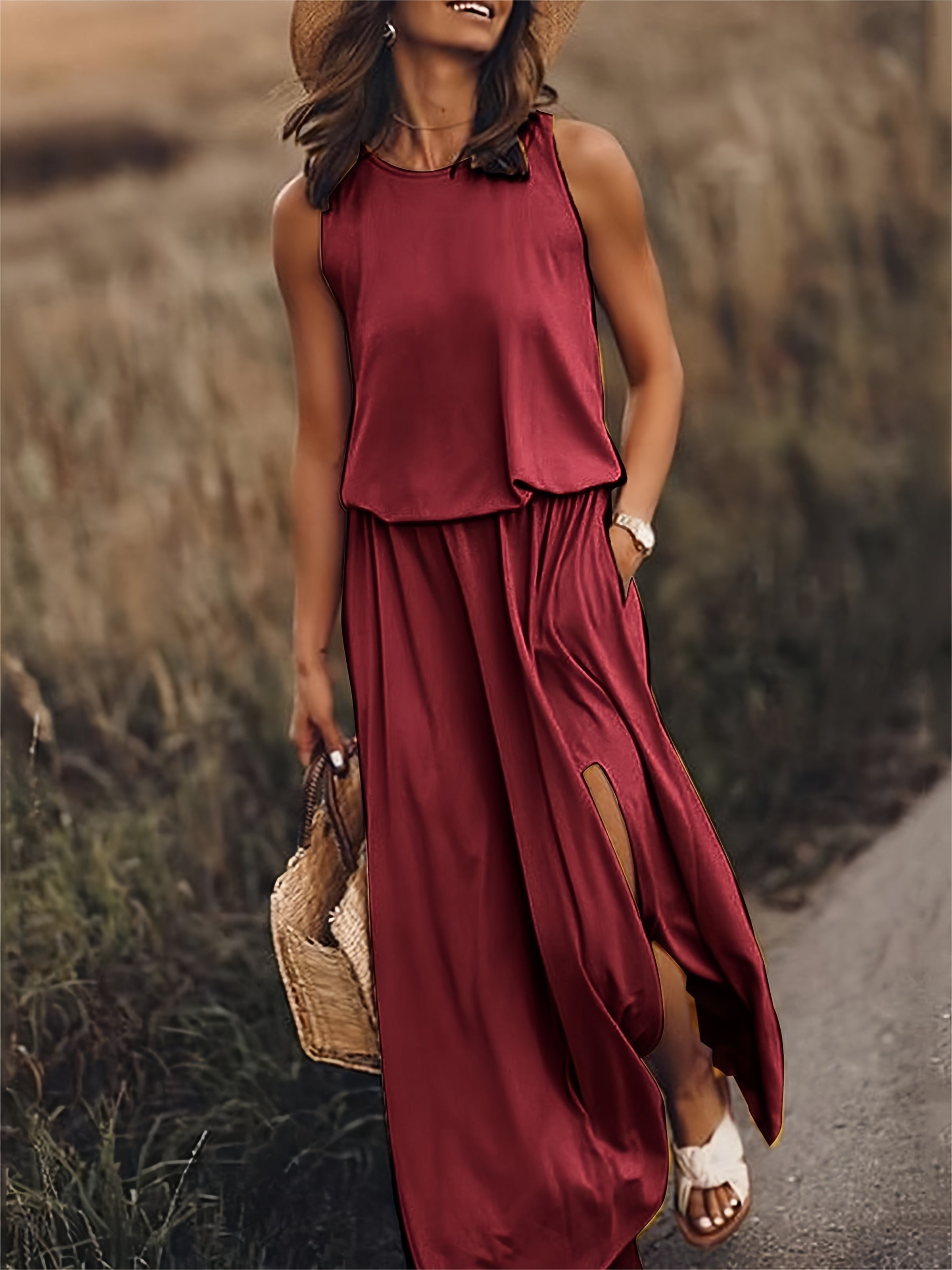 Blouson Bodice Elasticated Waist Pocket Side Slit Flowy Maxi Dress