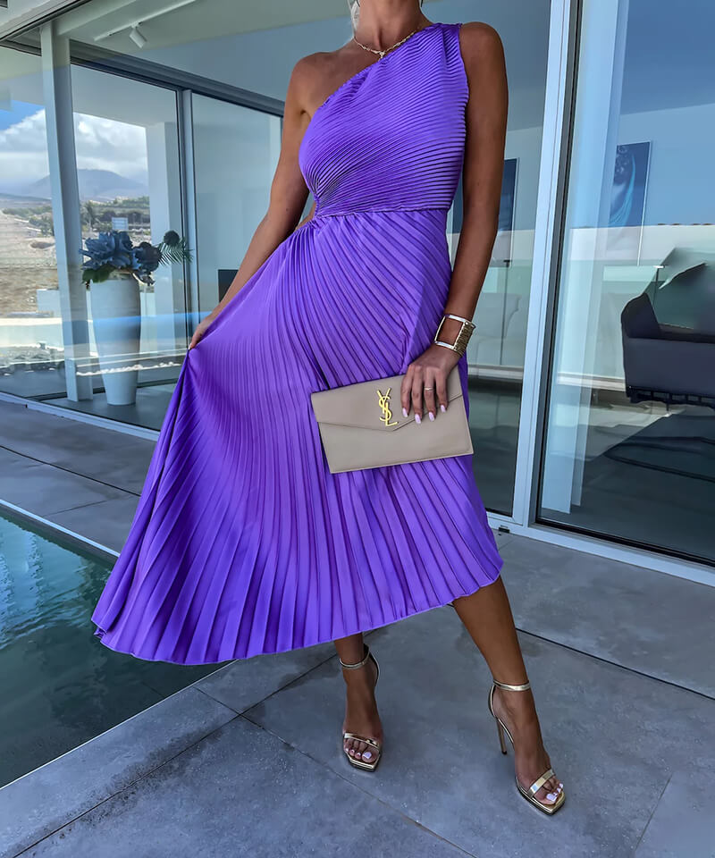 Purple Pleated One-Shoulder Homecoming Dress