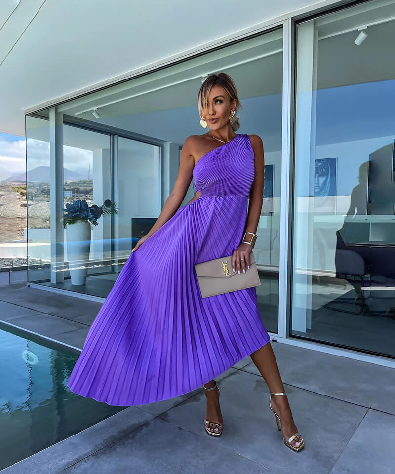 Purple Pleated One-Shoulder Homecoming Dress