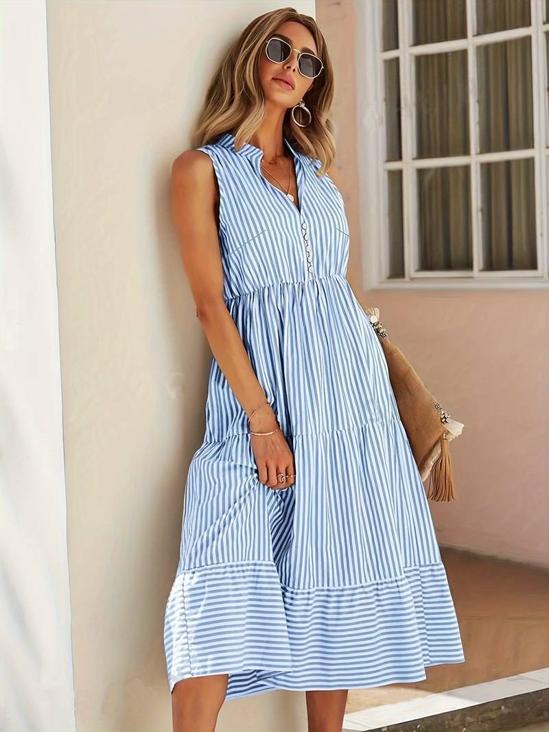 Striped Cotton Collar Button Front Sleeveless Tiered Casual Midi Dress