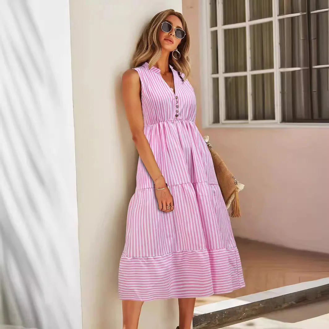 Striped Cotton Collar Button Front Sleeveless Tiered Casual Midi Dress