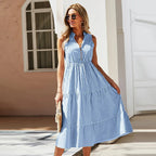 Striped Cotton Collar Button Front Sleeveless Tiered Casual Midi Dress