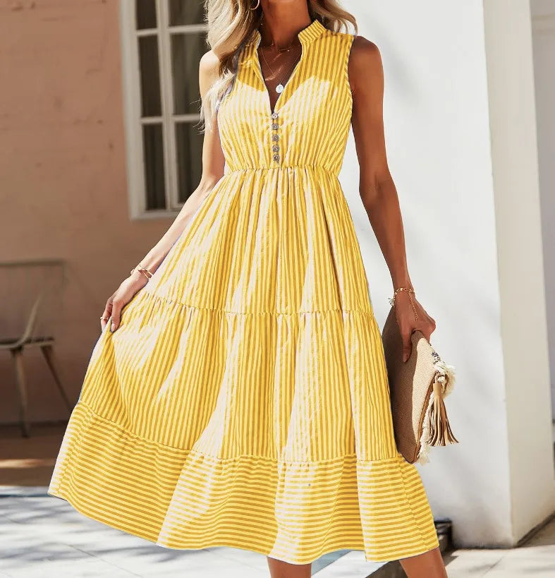 Striped Cotton Collar Button Front Sleeveless Tiered Casual Midi Dress