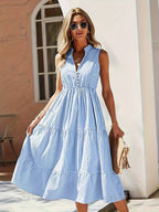 Striped Cotton Collar Button Front Sleeveless Tiered Casual Midi Dress