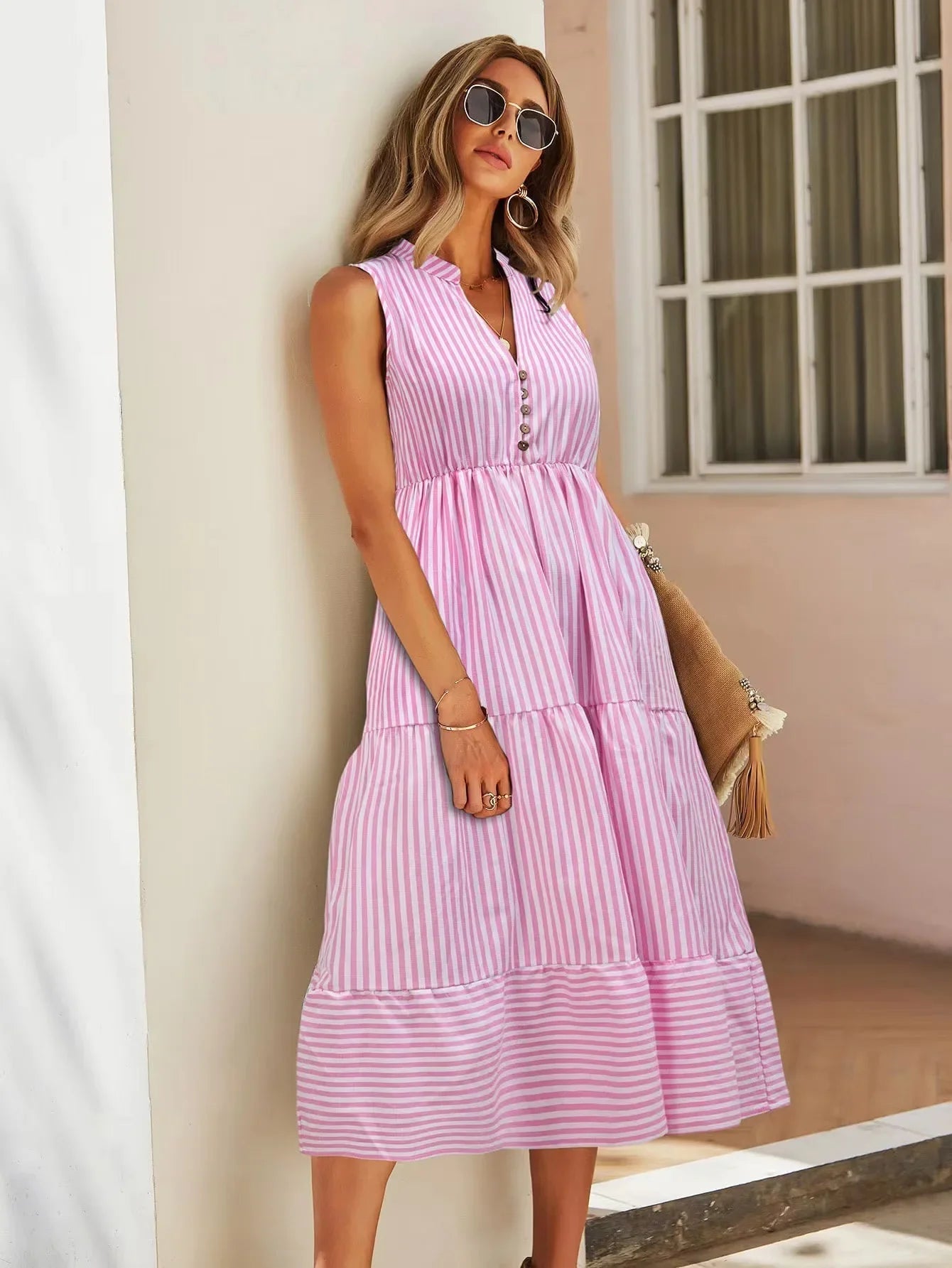 Striped Cotton Collar Button Front Sleeveless Tiered Casual Midi Dress