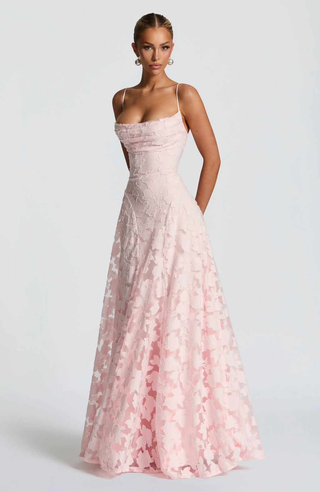 Floral Jacquard Strappy A Line Maxi Dress - Formal Evening Gown
