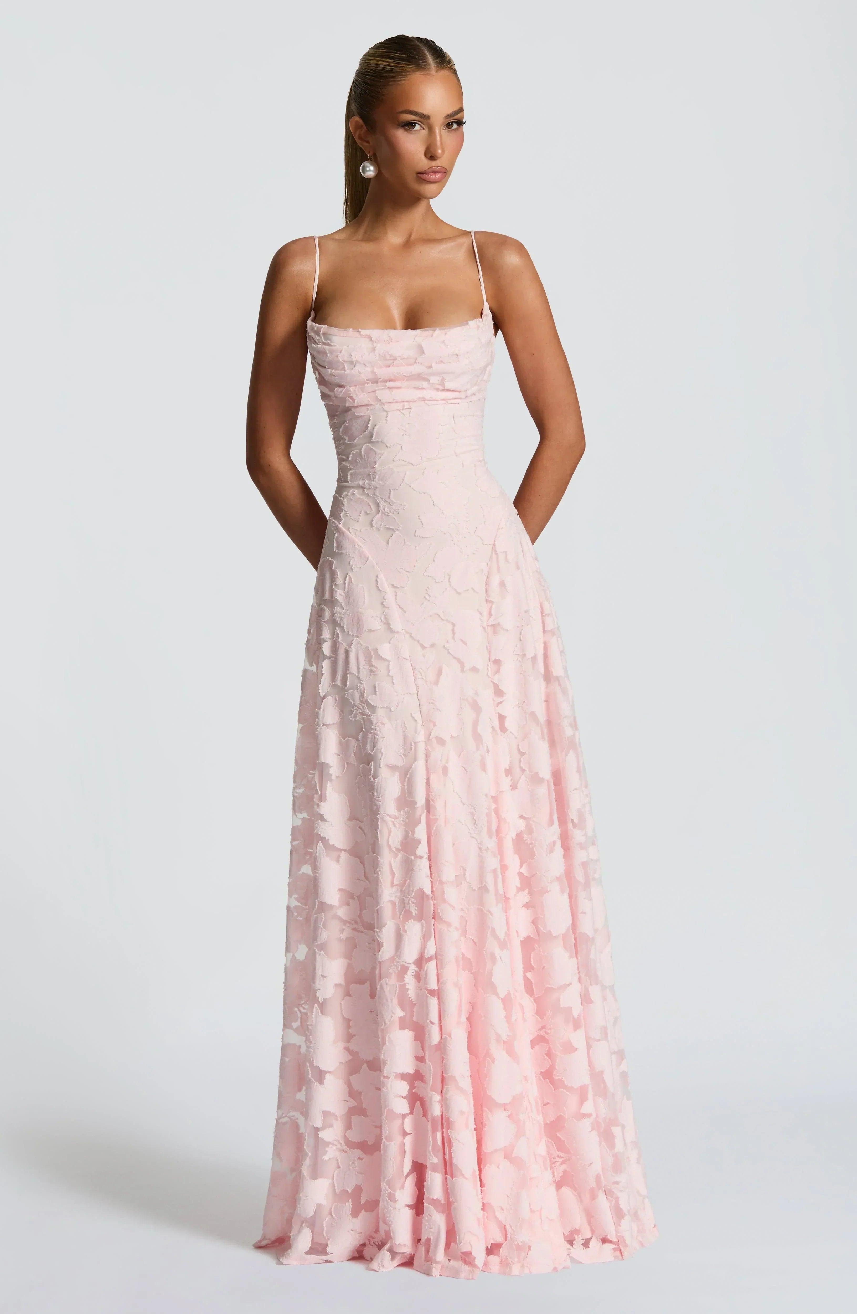 Floral Jacquard Strappy A Line Maxi Dress - Formal Evening Gown