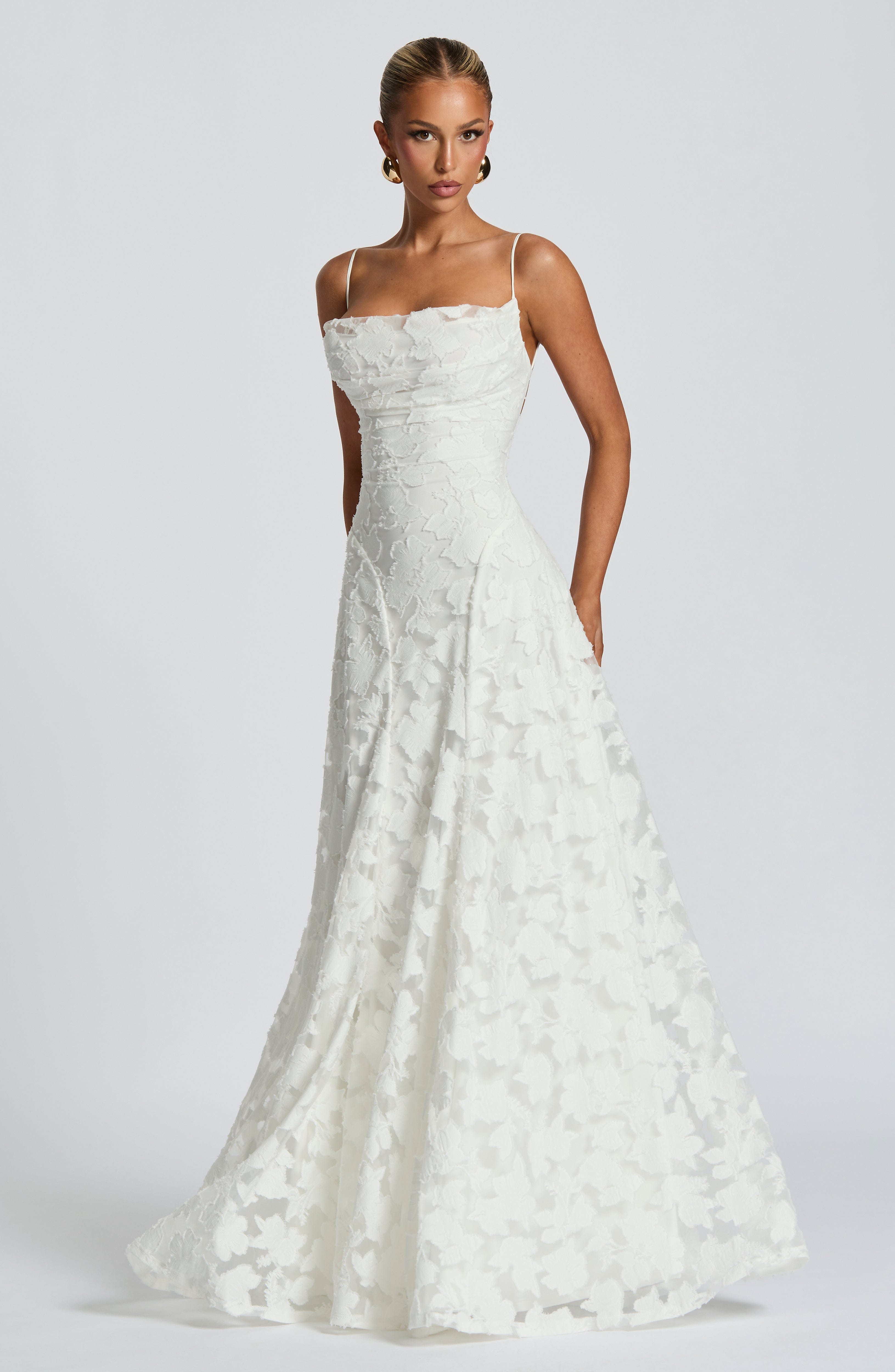 Floral Jacquard Strappy A Line Maxi Dress - Formal Evening Gown