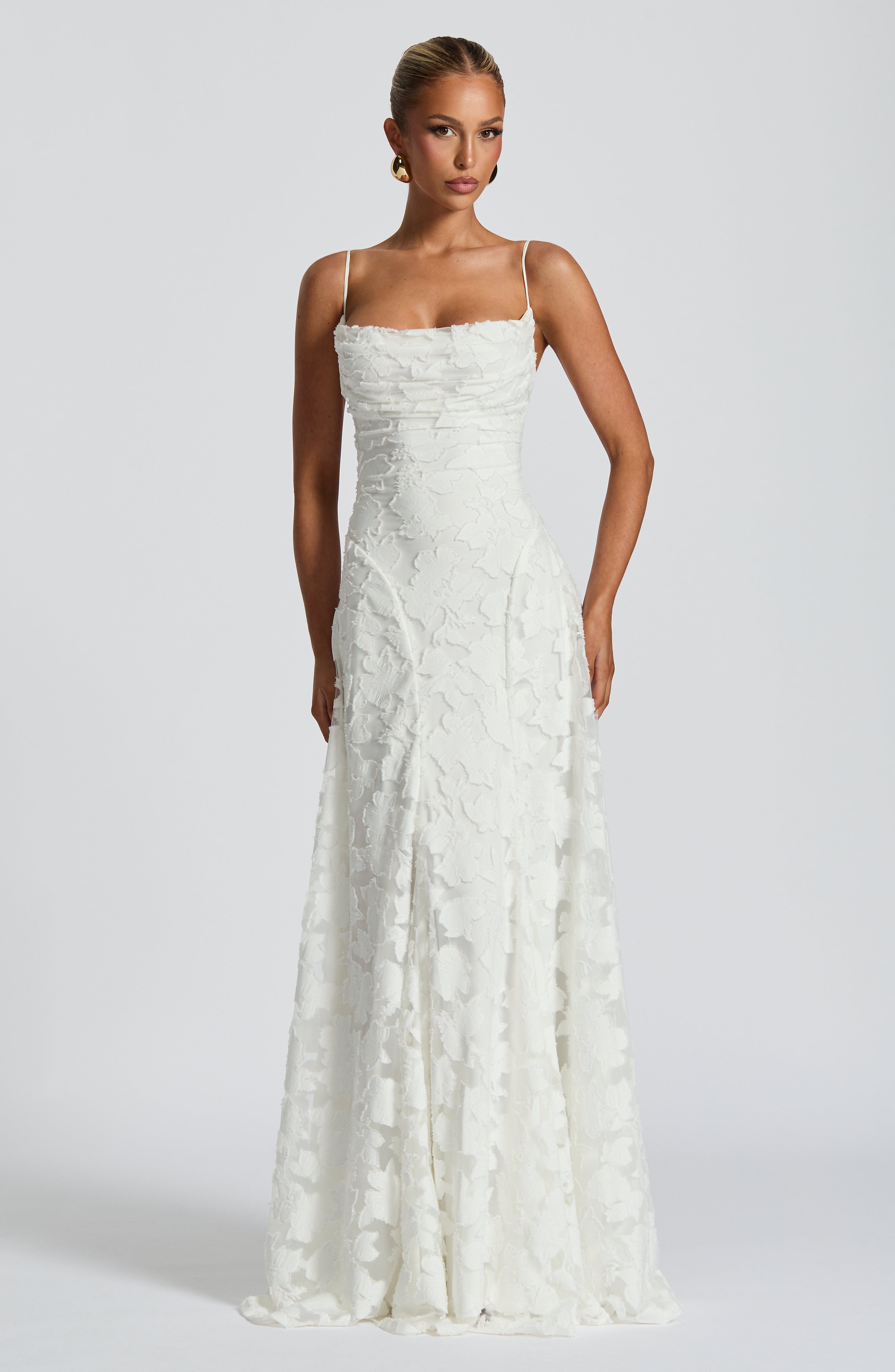 Floral Jacquard Strappy A Line Maxi Dress - Formal Evening Gown
