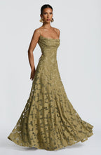 Floral Jacquard Strappy A Line Maxi Dress - Formal Evening Gown