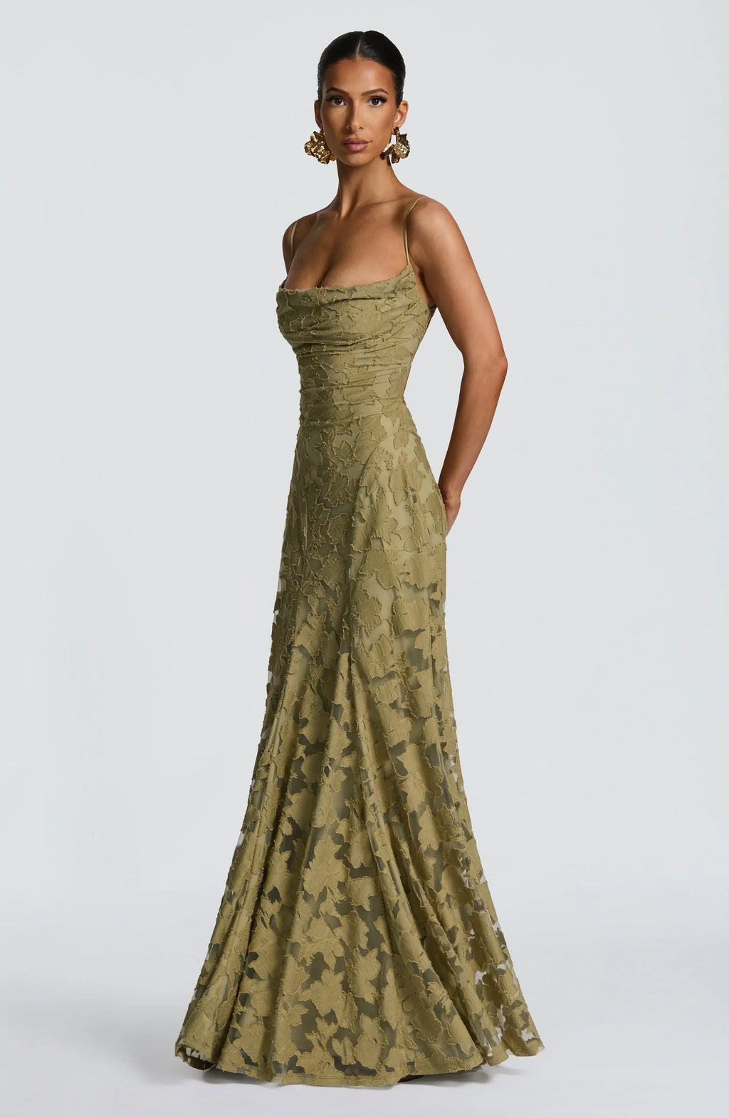 Floral Jacquard Strappy A Line Maxi Dress - Formal Evening Gown